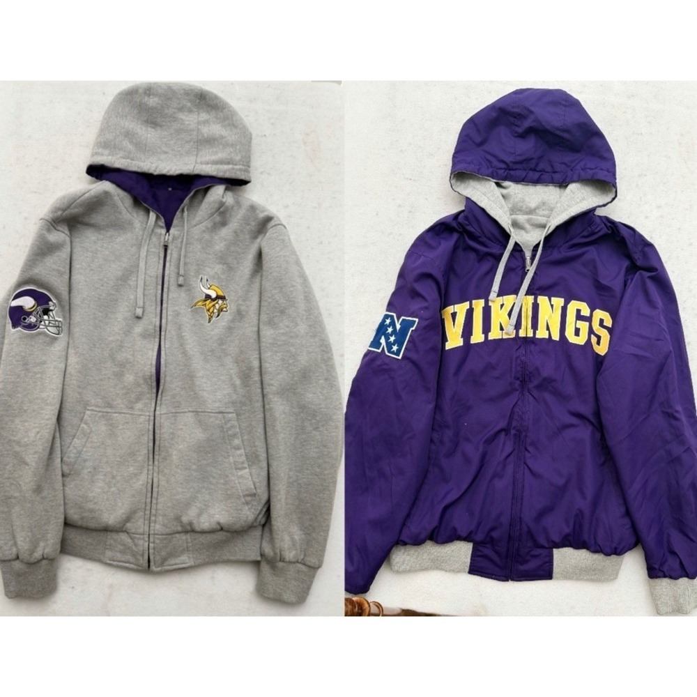 Minnesota Vikings Full Zip Hoodie Jacket Mens L Reversible Y2K NFL Purple Gray
